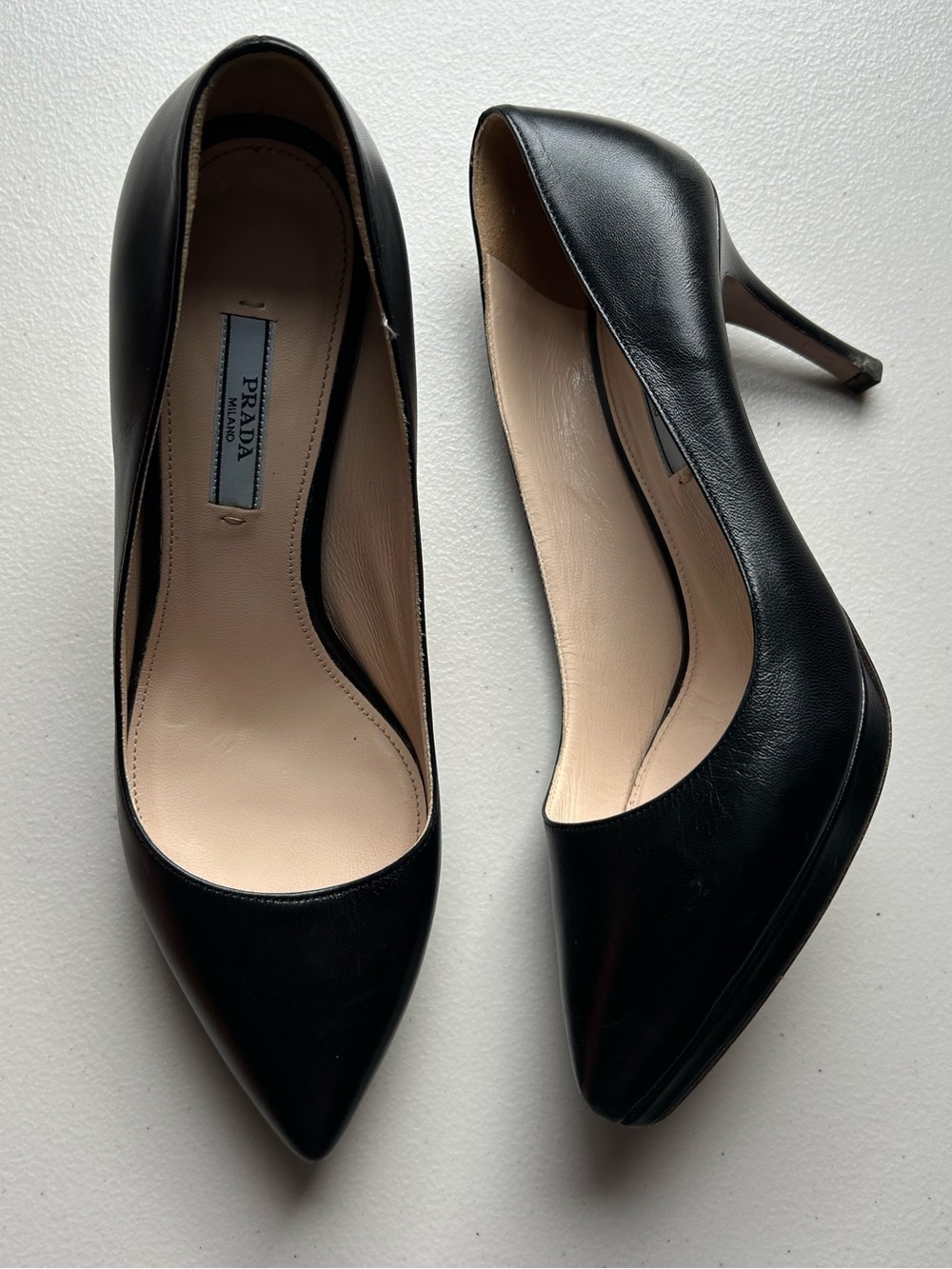 Prada Black Leather Pointed Toe Hidden Platform Stiletto Pumps Heels 37.5